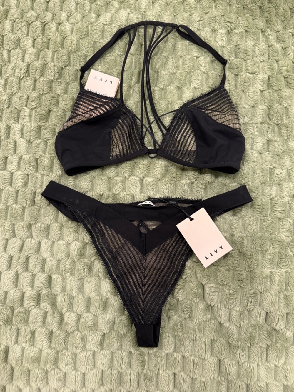 LIVV Black Sheer Lace Bralette & Thong Set